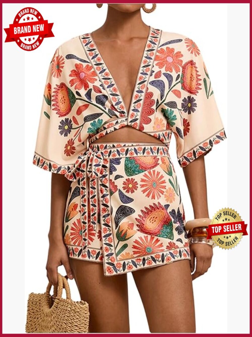 Women's 2 Piece Skirt Set Tropical Half Sleeve Top Wrap Skirt Vacation Outfit